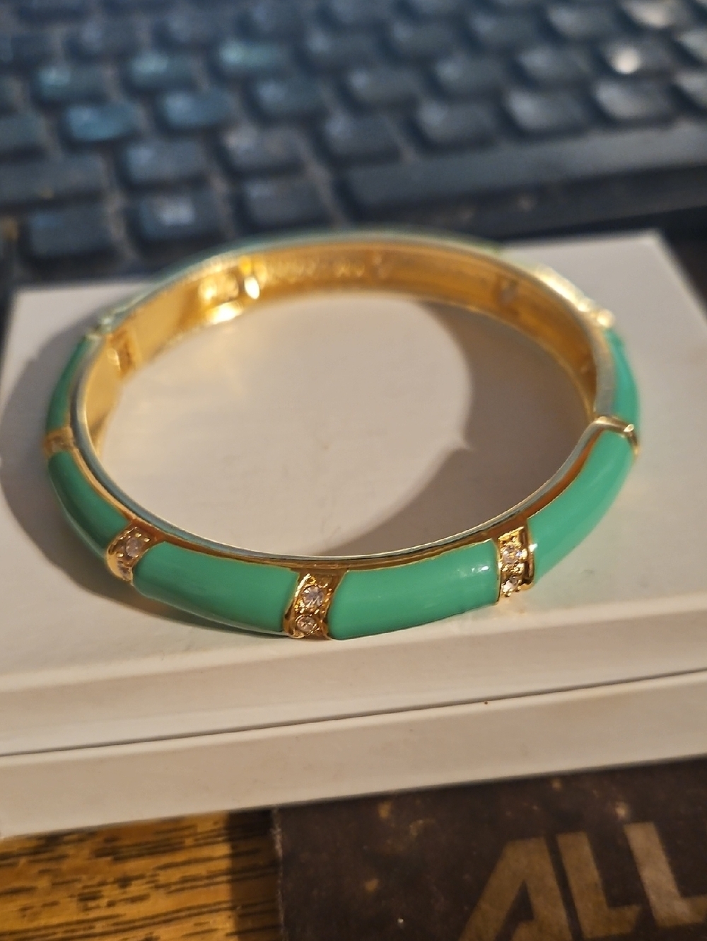 Green Gold Rhinestone Clamper Bracelet